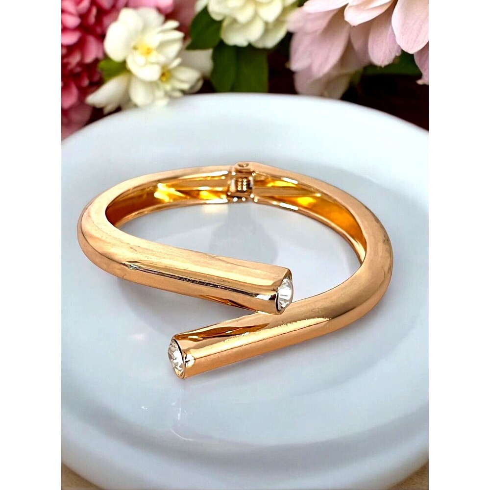 Gold Tone Hinged Bangle Bracelet Clear Crystal Modern Minimalist - 13I